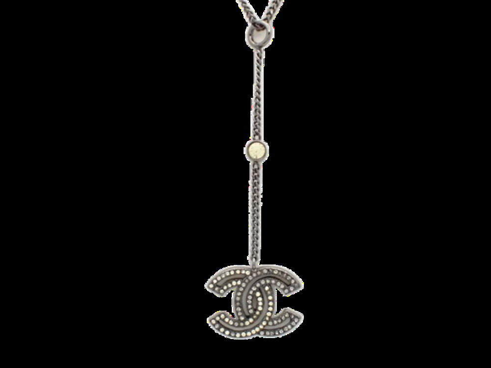 6815 - Vintage Chanel 03P CC Rhinestone Black Necklace Gunmetal Lariat
